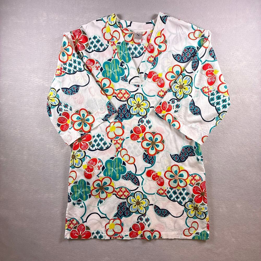 Natori floral cotton tunic - dress nightgown tropical v neck pockets size S